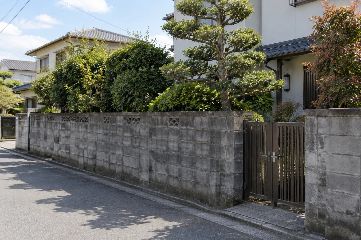 道路に面したブロック塀の全景