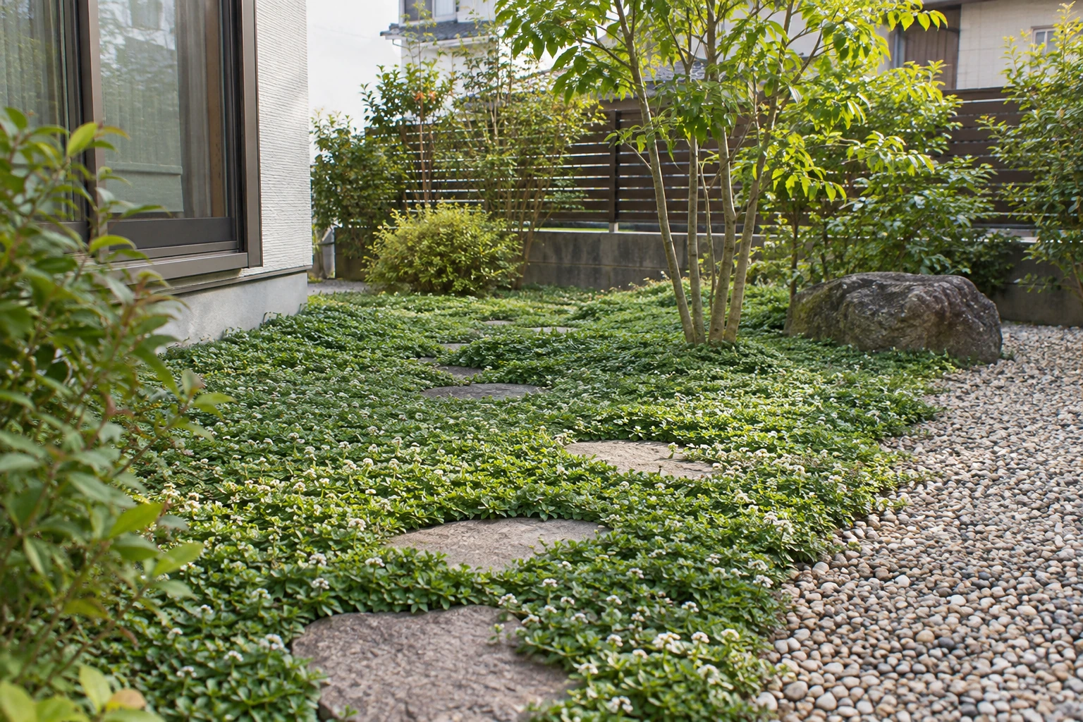 低い植物が地面を覆う住宅の庭のイメージ