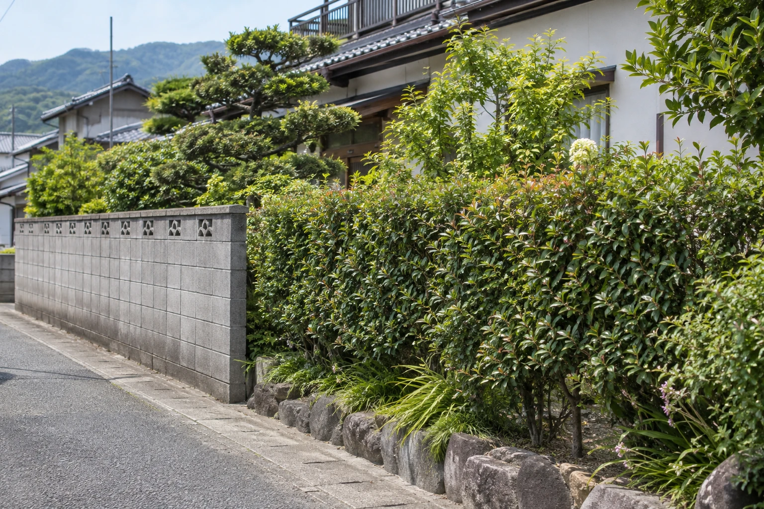 住宅の道路沿いにあるブロック塀と生垣