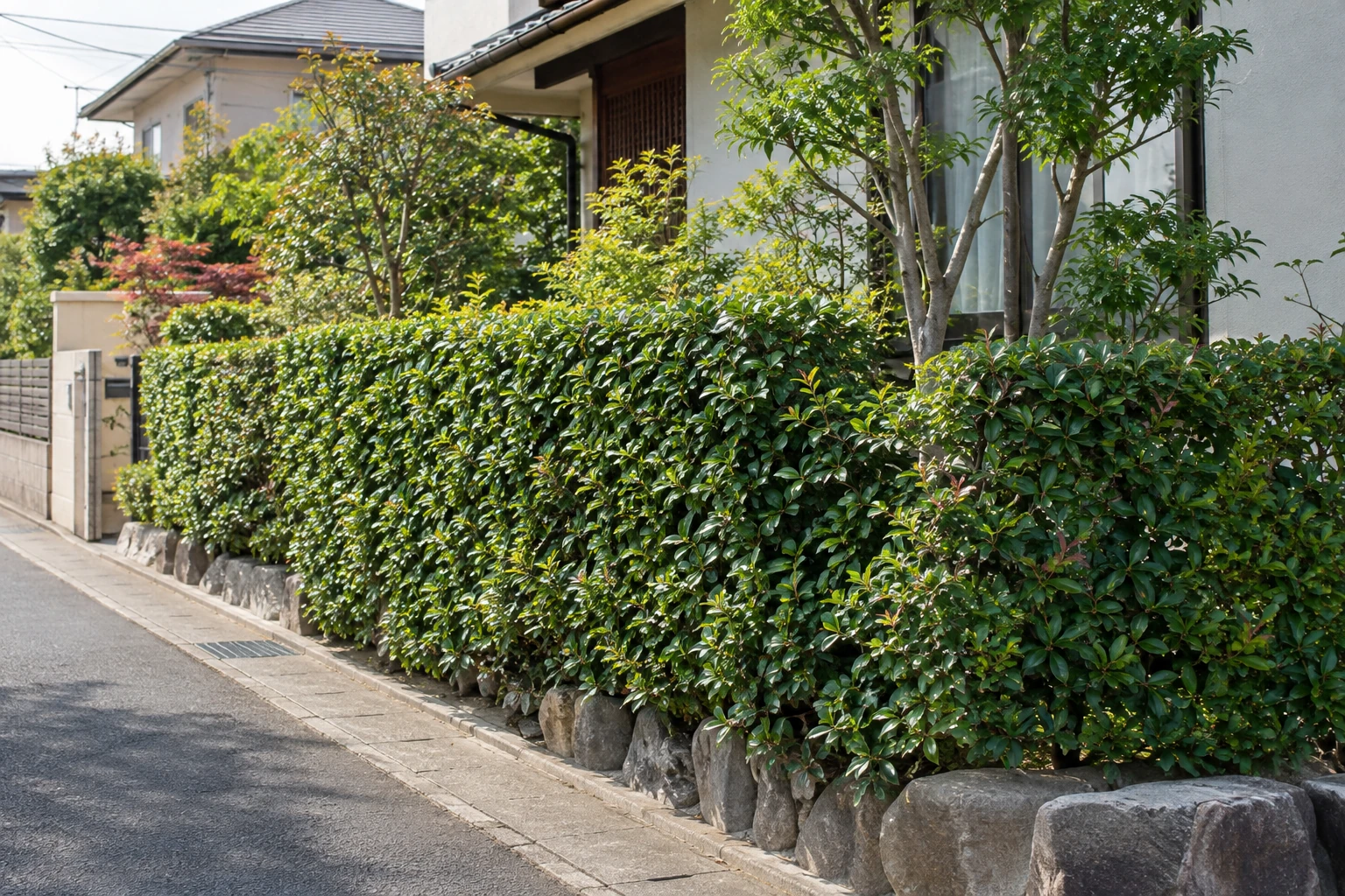 住宅の道路境界に沿う生垣の参考イメージ